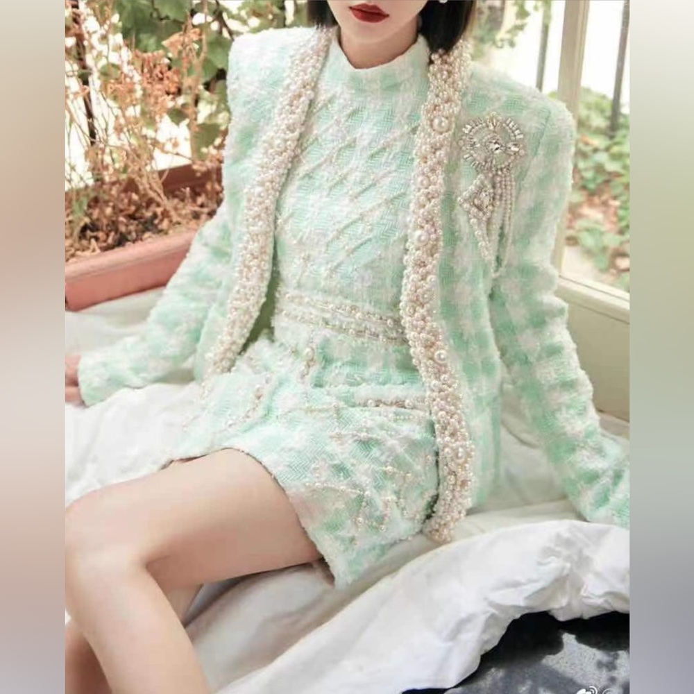 2023 Summer Luxury Pearl High Quality Plaid Wool Jacket